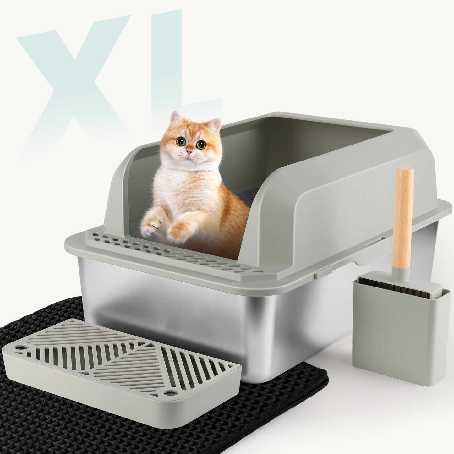 Stainless Steel Cat Litter Box with Lid, Extra Large Cat Litter Box for Multiple Cats, Easy to Clean, Non-Sticky, Anti-Leakage, All Litter Can Use, Include Litter Scoop and Mat