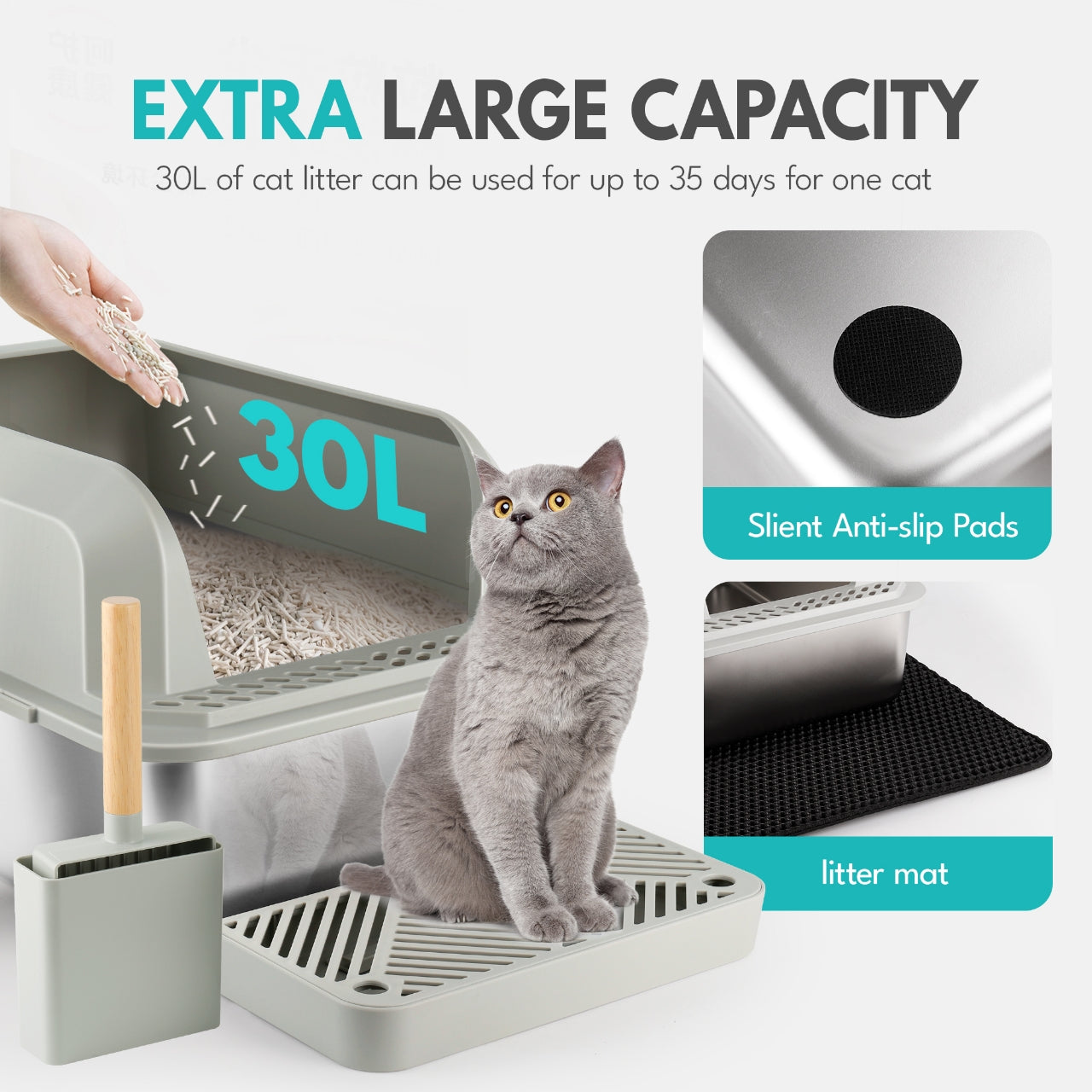 Stainless Steel Cat Litter Box with Lid, Extra Large Cat Litter Box for Multiple Cats, Easy to Clean, Non-Sticky, Anti-Leakage, All Litter Can Use, Include Litter Scoop and Mat