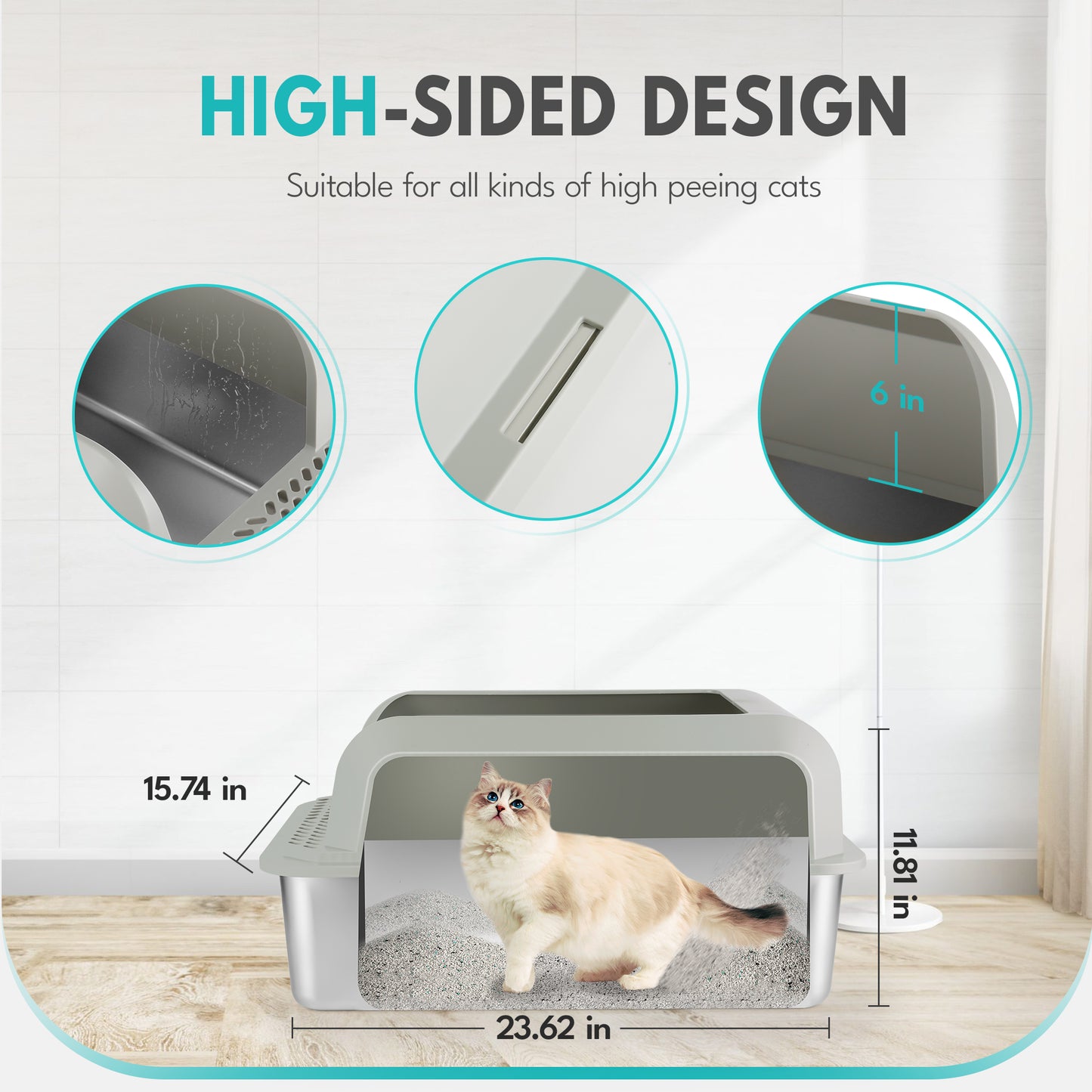 Stainless Steel Cat Litter Box with Lid, Extra Large Cat Litter Box for Multiple Cats, Easy to Clean, Non-Sticky, Anti-Leakage, All Litter Can Use, Include Litter Scoop and Mat