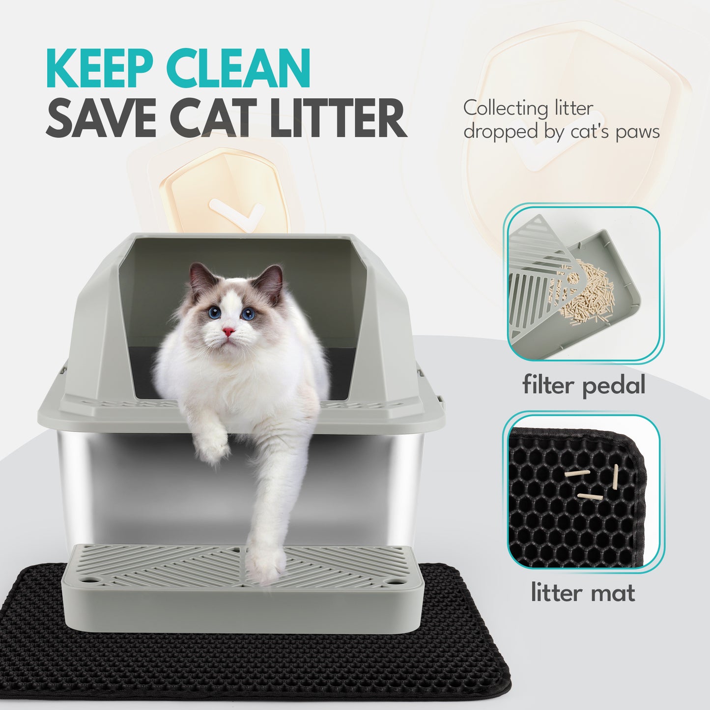 Stainless Steel Cat Litter Box with Lid, Extra Large Cat Litter Box for Multiple Cats, Easy to Clean, Non-Sticky, Anti-Leakage, All Litter Can Use, Include Litter Scoop and Mat