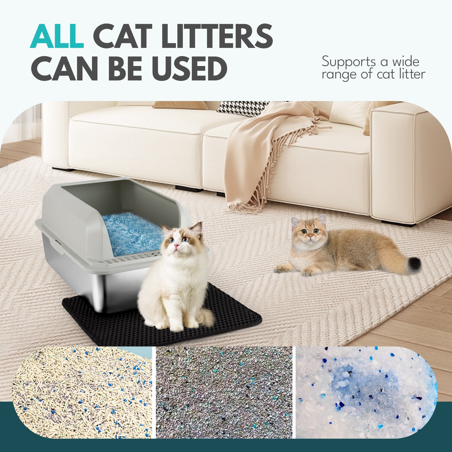 Stainless Steel Cat Litter Box with Lid, Extra Large Cat Litter Box for Multiple Cats, Easy to Clean, Non-Sticky, Anti-Leakage, All Litter Can Use, Include Litter Scoop and Mat