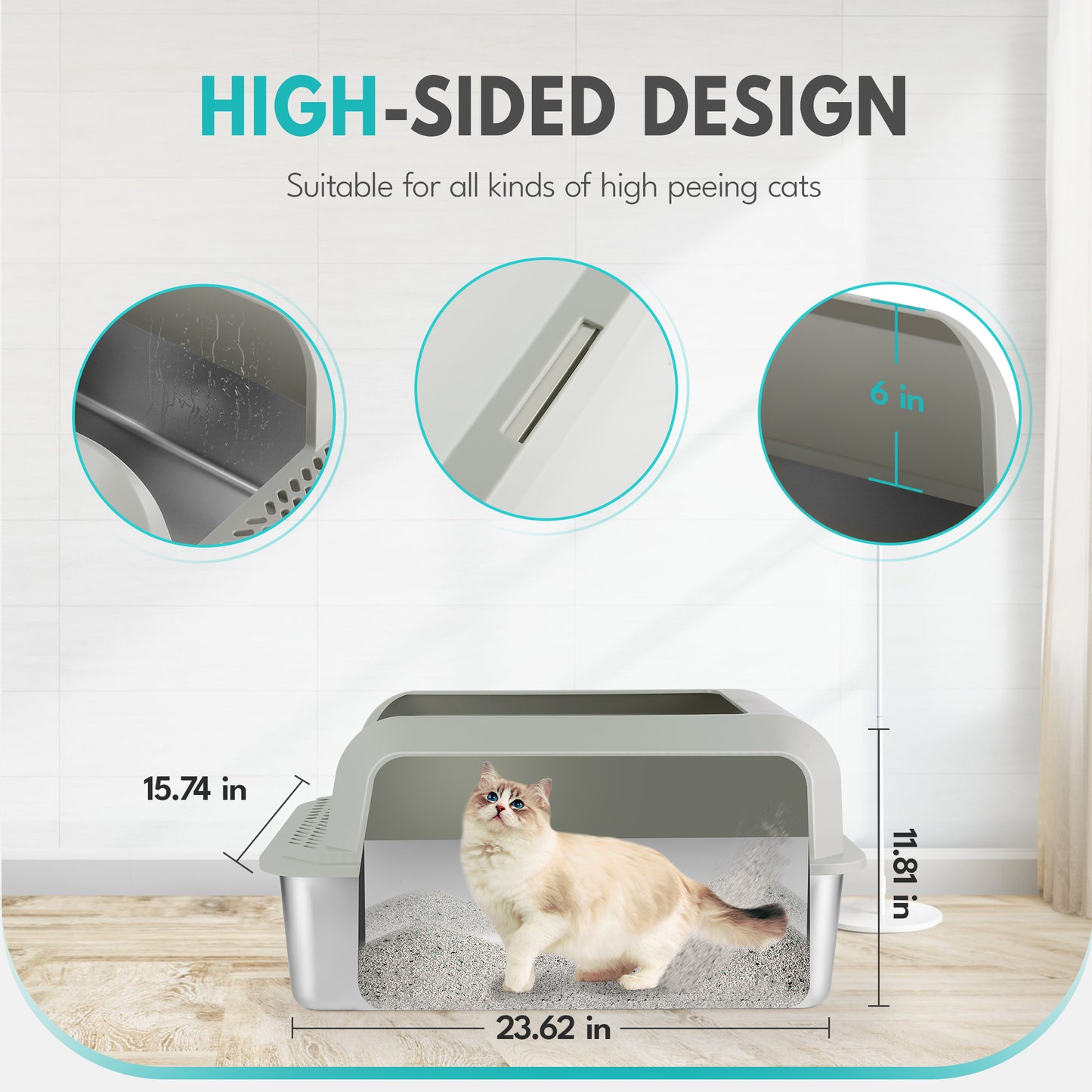 Stainless Steel Cat Litter Box with Lid, Extra Large Cat Litter Box for Multiple Cats, Easy to Clean, Non-Sticky, Anti-Leakage, All Litter Can Use, Include Litter Scoop and Mat