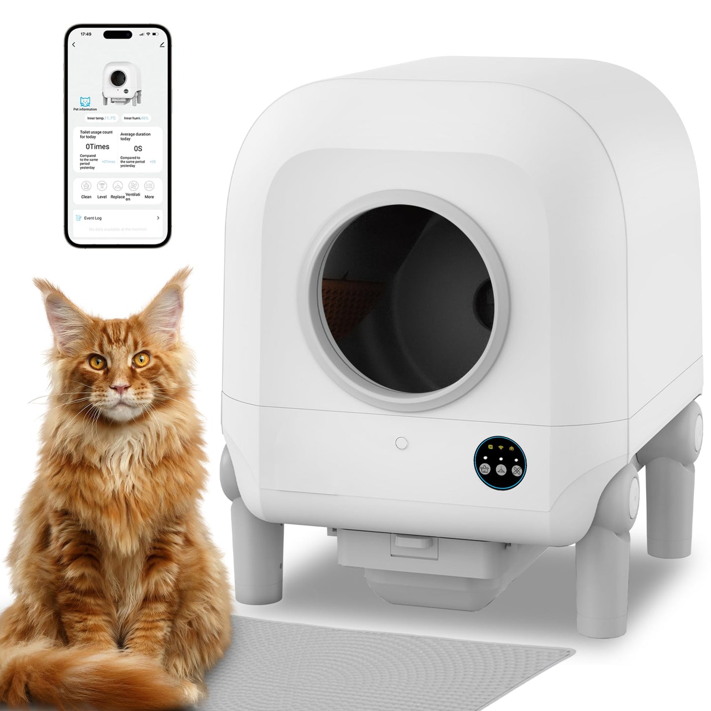 Self-Cleaning Cat Litter Box with Air Vent System,10 Safety Sensors, 100L X-Large Anti Pinch Automatic Cat Litter Box, Suitable for Multi-Cats, with Long Exhaust Duct and App Frees Your Hands